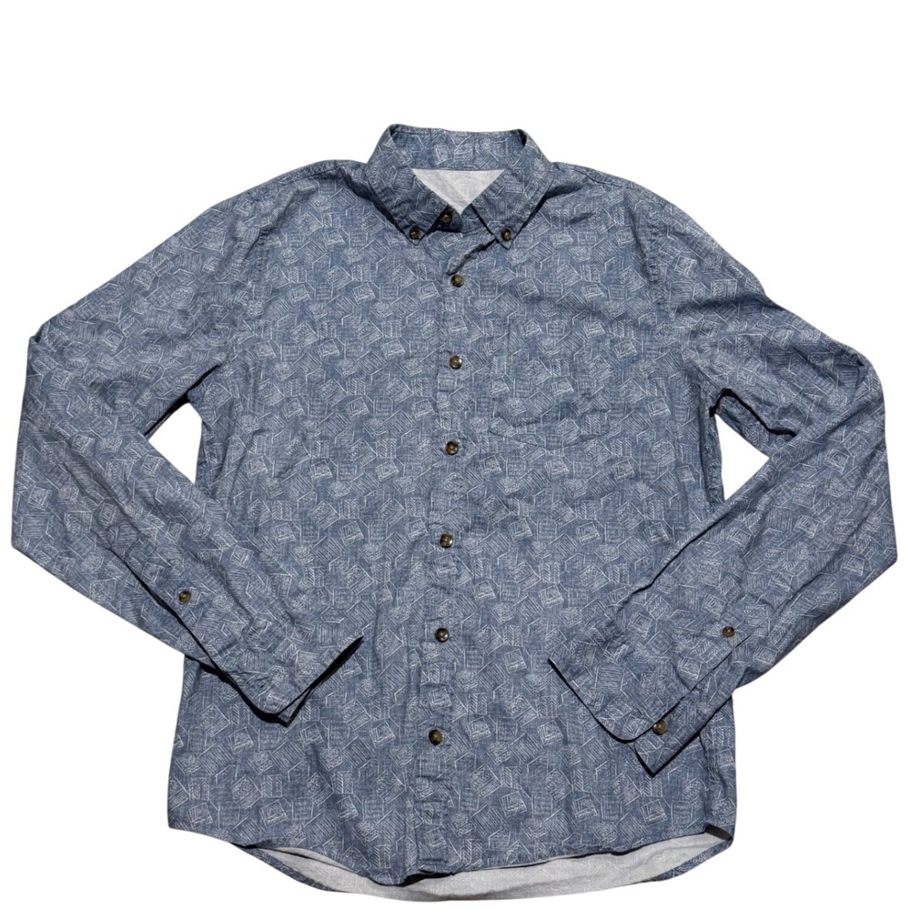 Mens Blue Geometric Block Print Cotton Long‎ Sleeve Button Down Shirt Size L